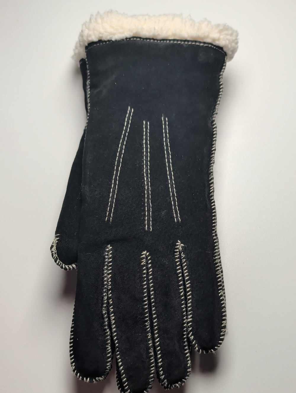 NWOY Womens Medium Black Shearling-Trim Suede Gloves